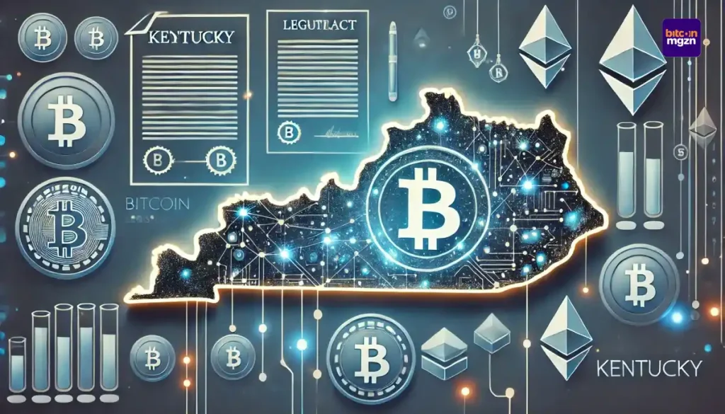 Bitcoin wetgeving Kentucky gevisualiseerd met een kaart en juridische blockchain-elementen