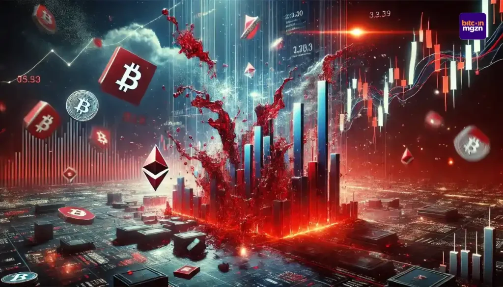 Futuristische financiële marktcrash met rode dalende grafieken en digitale activa die verdampen, wat crypto-liquidaties in 2025 benadrukt.