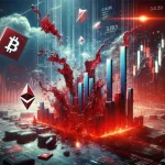 Futuristische financiële marktcrash met rode dalende grafieken en digitale activa die verdampen, wat crypto-liquidaties in 2025 benadrukt.