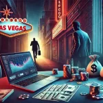 Crypto-fraude in Las Vegas met een casinotafel, geld, pokerchips en een verdachte figuur die een neon-verlichte steeg verlaat.