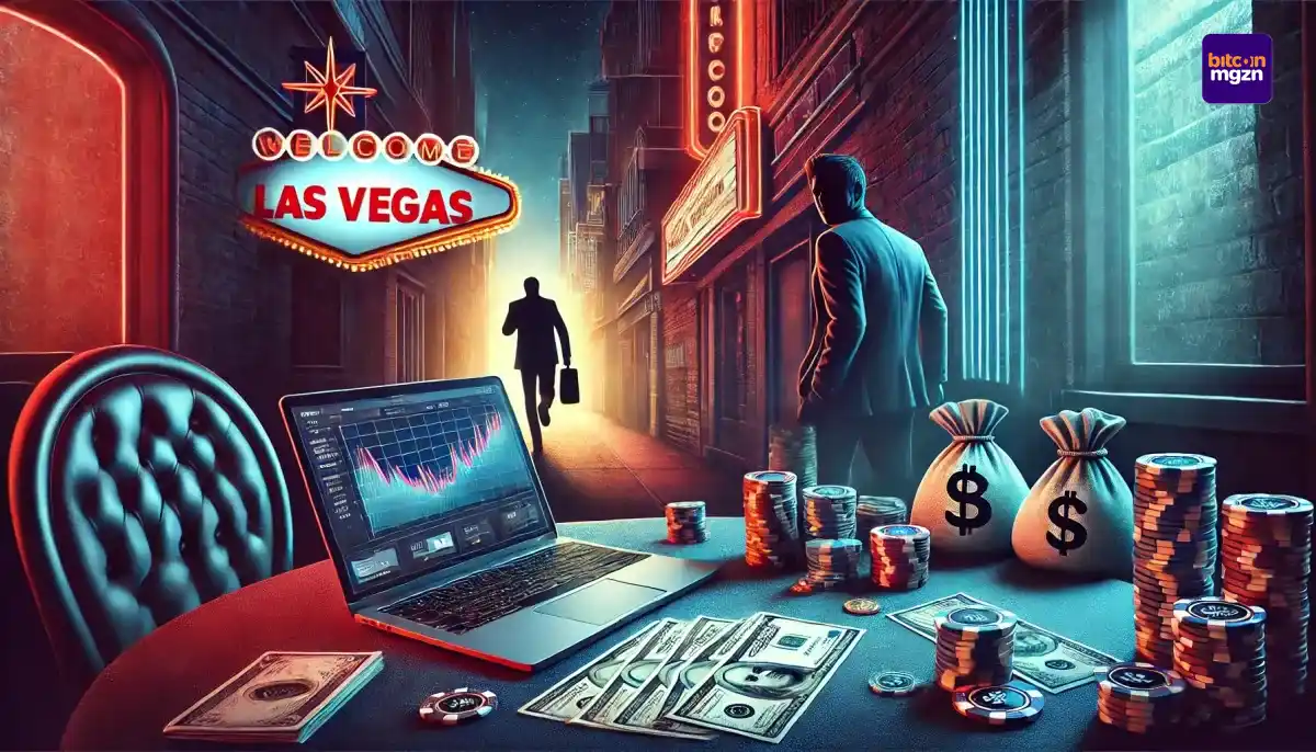 Crypto-fraude in Las Vegas met een casinotafel, geld, pokerchips en een verdachte figuur die een neon-verlichte steeg verlaat.