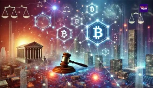 Digitale netwerken en blockchain-symbolen visualiseren de impact van de DeFi Broker Rule op crypto-regulering en innovatie.