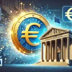 Glanzende digitale euro komt uit Europees bankgebouw als symbool voor financiële autonomie van de EU