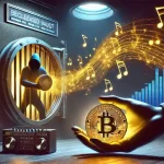 Gouden geluidsstromen uit een kluis naar figuur met Bitcoin, symbool voor Eminems gestolen muziek.