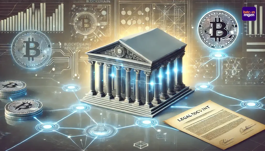 FDIC crypto beleid toont bankgebouw met blockchainlijnen en juridisch document als symbool voor regelgeving