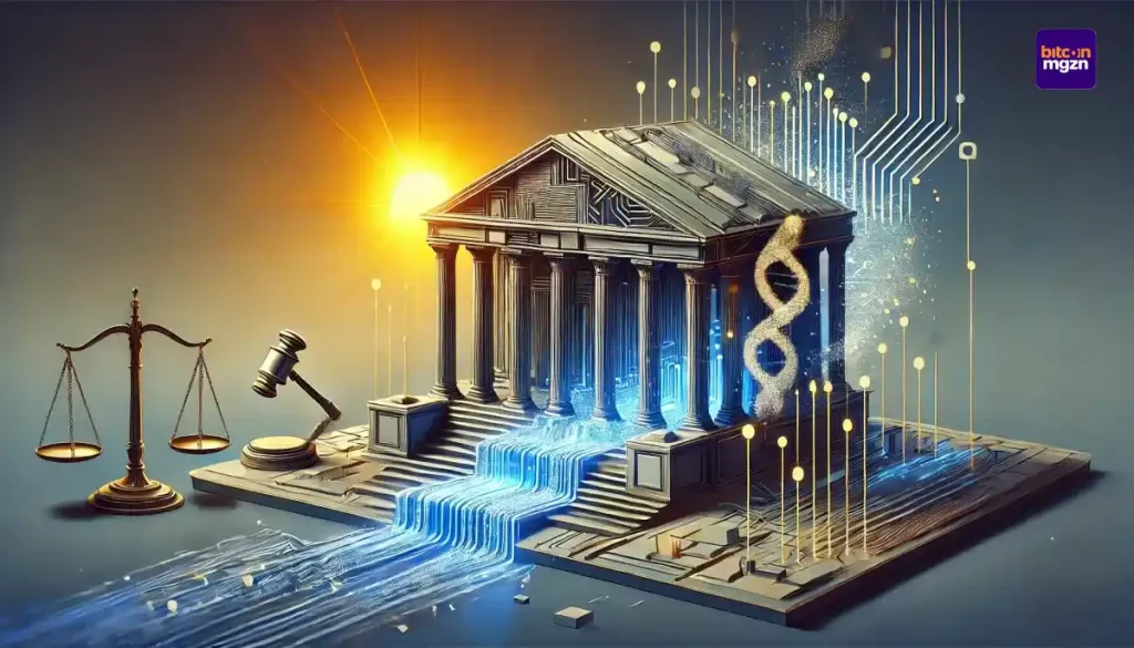 Abstracte representatie van Trump gratie BitMEX met symbolische weergave van veranderend crypto-beleid