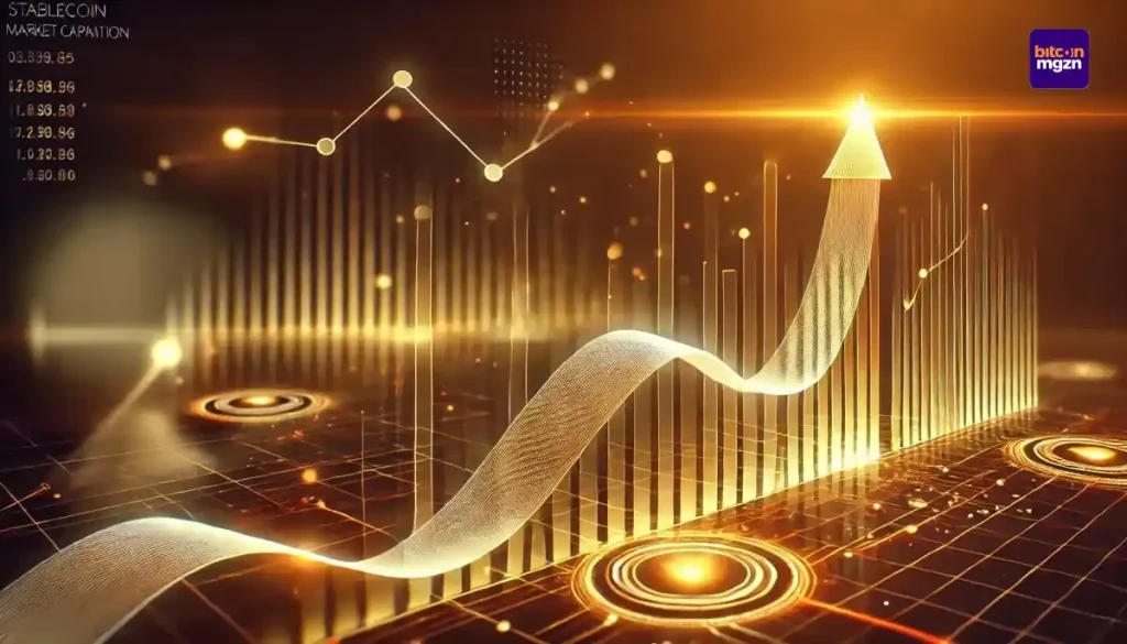 Stijgende lijnen en netwerkvisuals tonen groei in stablecoin marktkapitalisatie binnen de cryptomarkt in 2025
