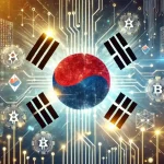 De Zuid-Koreaanse vlag gecombineerd met blockchain-netwerken en financiële data, symboliserend institutionele crypto-adoptie en regelgeving