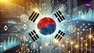 De Zuid-Koreaanse vlag gecombineerd met blockchain-netwerken en financiële data, symboliserend institutionele crypto-adoptie en regelgeving