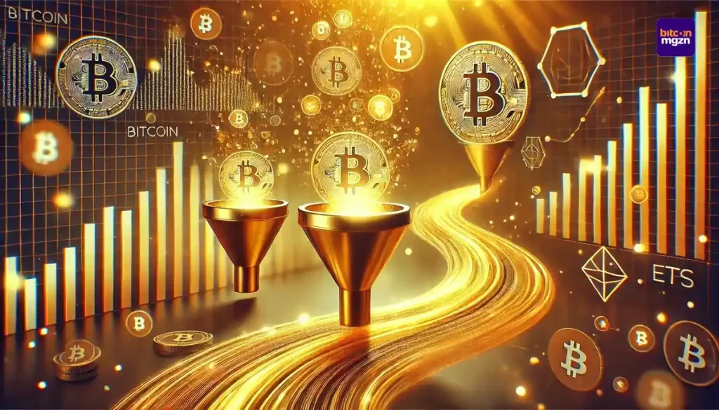 Kapitaalinstroom in Bitcoin ETF’s verbeeld met gouden lichtstromen en financiële symboliek