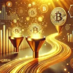 Kapitaalinstroom in Bitcoin ETF’s verbeeld met gouden lichtstromen en financiële symboliek