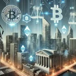 Futuristische weergave van de nationale Bitcoinreserve met digitale wetgevingsdocumenten en blockchain-elementen in een stedelijke setting.