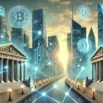 Amerikaanse banken integreren cryptodiensten via nieuwe OCC-richtlijnen met een futuristisch financieel netwerk en blockchain-verbindingen.