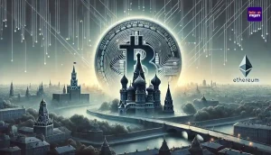 Russisch stadslandschap met zwevend cryptomunt-symbool en blockchain-netwerken, symbool voor Rusland’s terughoudendheid over Bitcoin