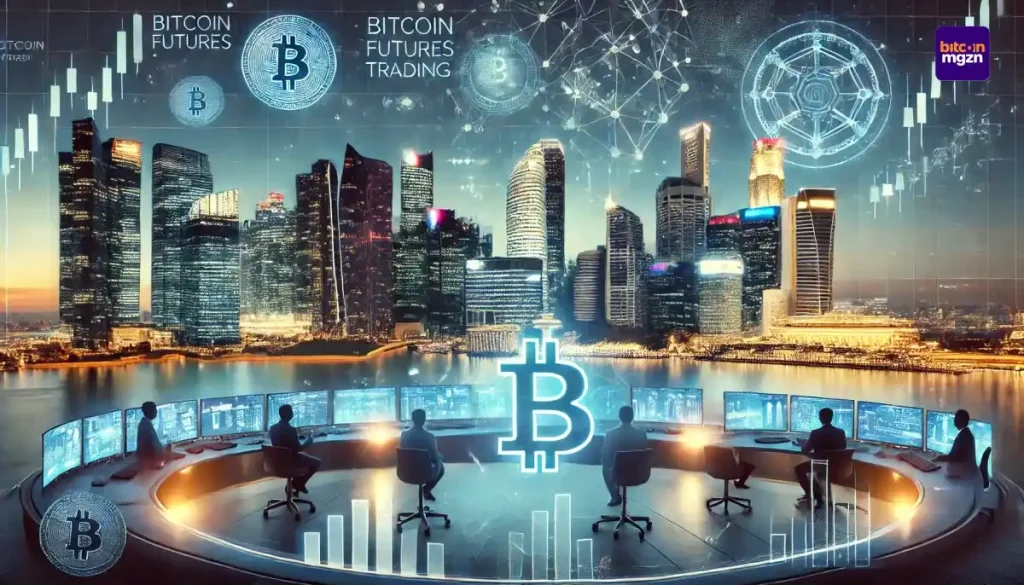 Futuristische handelsvloer in Singapore met digitale schermen die Bitcoin-futures tonen, tegen de skyline van Marina Bay Sands.