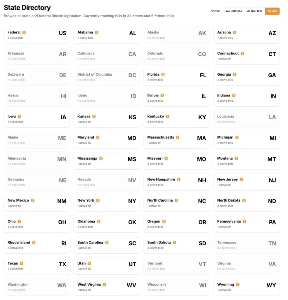 State directory SBR - bekijk alle staat en federal Bitcoin regels