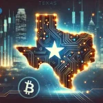 Texas-kaart met digitale circuits en financiële grafieken, symbool voor de Bitcoin-reserve en blockchain-adoptie in de staat.