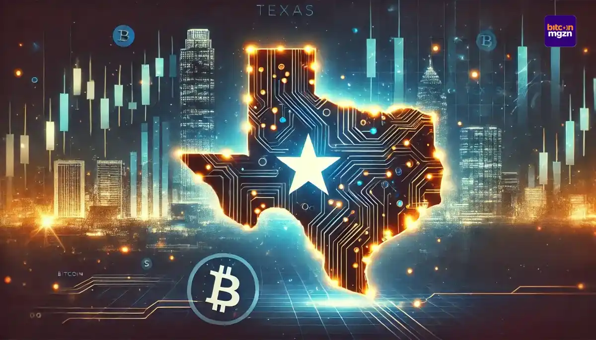 Texas-kaart met digitale circuits en financiële grafieken, symbool voor de Bitcoin-reserve en blockchain-adoptie in de staat.