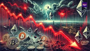 Dalende cryptokoersen na Trump’s crypto-reserve plan, met rode grafieken en marktverliezen in Bitcoin, Ethereum en andere munten.