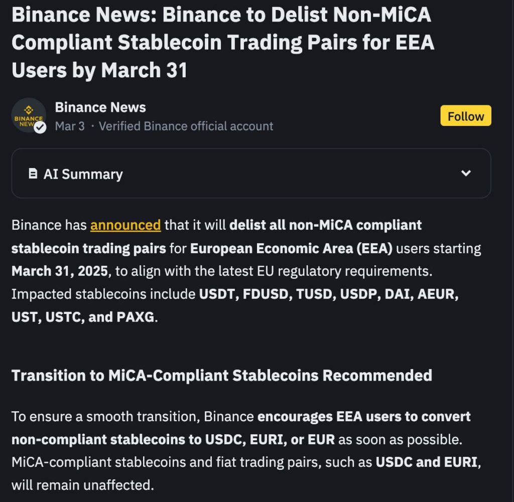 Binance delisting