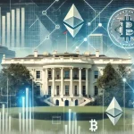 Futuristische White House-weergave met digitale netwerken en blockchain-symboliek, gerelateerd aan de Witte Huis crypto summit.