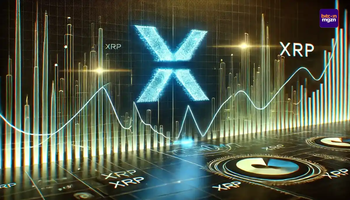 XRP koersanalyse met een grafiek die prijsfluctuaties en markttrends toont in een futuristische stijl