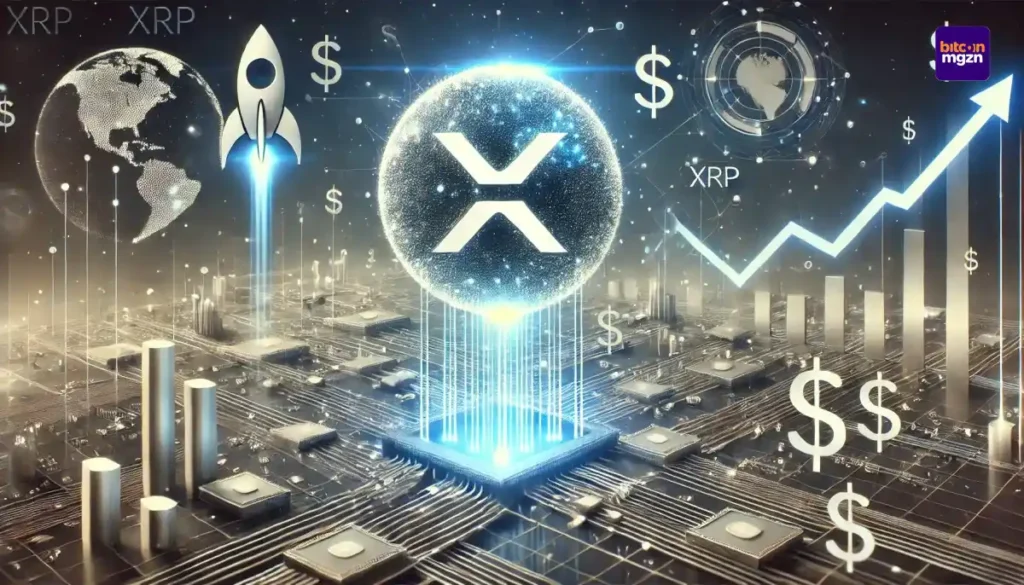 Illustratie van XRP prijsstijging door technologie en financiële adoptie