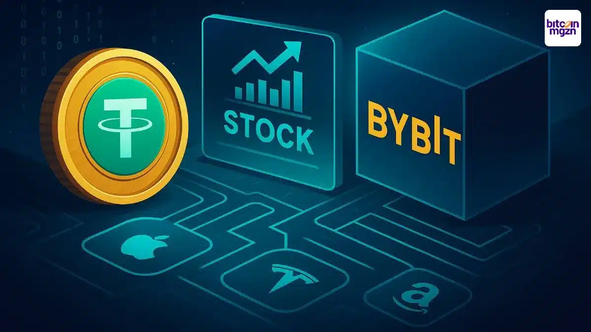 USDT en aandelenpictogrammen op een futuristisch Bybit-handelsplatform met Apple, Tesla en Amazon-symbolen
