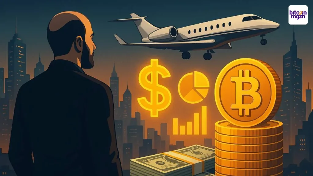 Een crypto whale kijkt naar $100 miljoen in Bitcoin, dollars en investeringssymbolen met een jet boven een futuristische skyline.