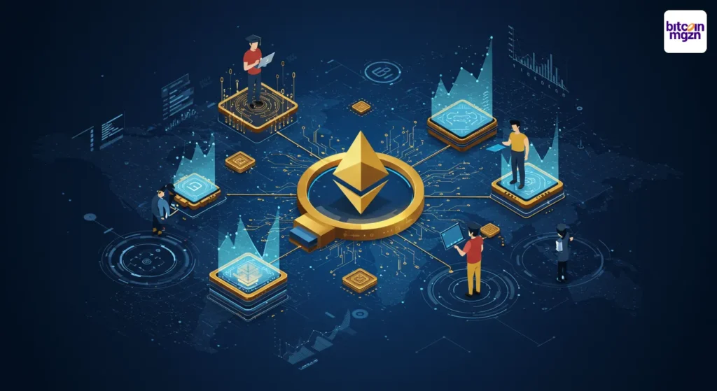 Ethereum Foundation logo met grafiek die investeringen in Q1 2025 toont, gericht op Layer 2.
