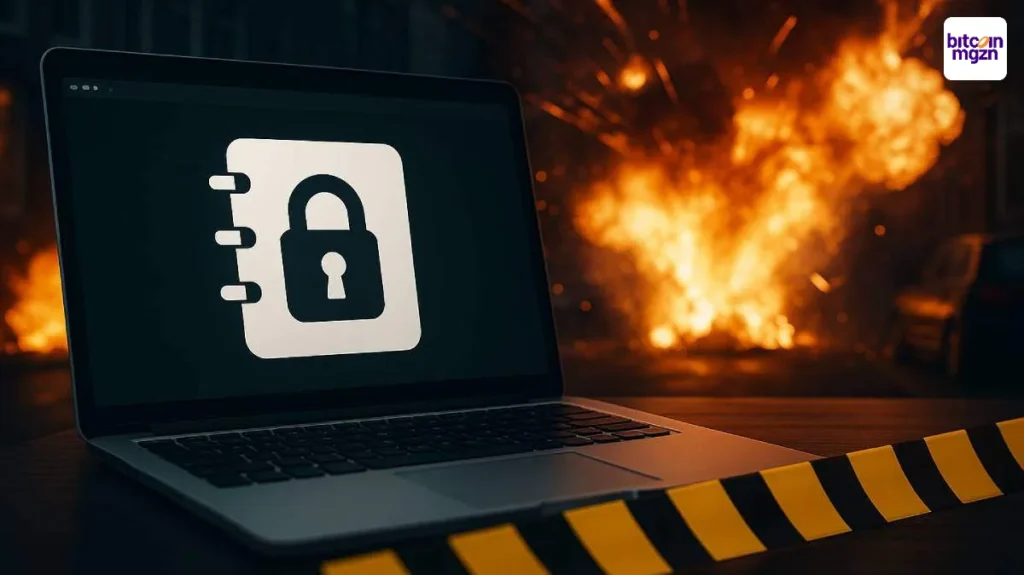 Laptop met adresboek en slotpictogram, explosie op straat op de achtergrond, zonder zichtbare personen.