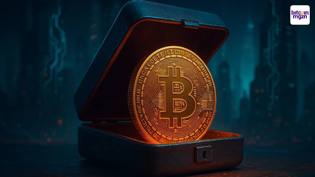Een oude digitale wallet onthult een glanzende Bitcoin in een futurische stad, symbool voor actieve ghost wallets.