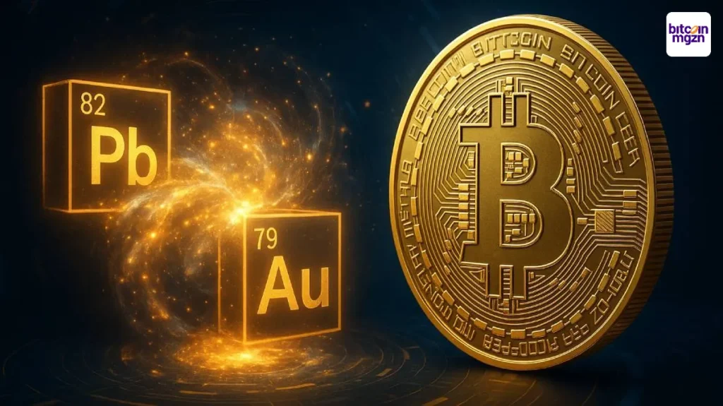 Transformatie van lood naar goud naast Bitcoin symbool toont belang van digitale schaarste in de cryptomarkt