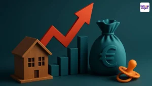 Visualisatie van hoge huren en dalende geboortecijfers met huis, euro en speen-symboliek