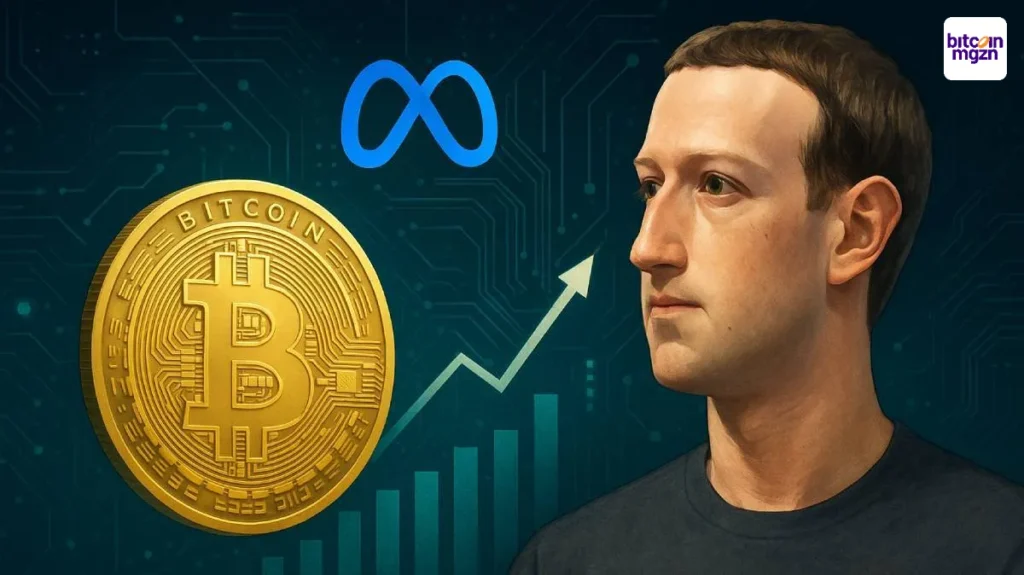 Mark Zuckerberg kijkt naar een Bitcoin en Meta-logo, met stijgende grafiek op tech-achtergrond, symbool voor Meta Bitcoin strategie