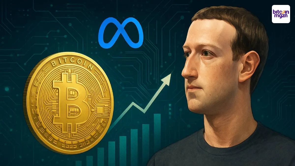 Mark Zuckerberg kijkt naar een Bitcoin en Meta-logo, met stijgende grafiek op tech-achtergrond, symbool voor Meta Bitcoin strategie