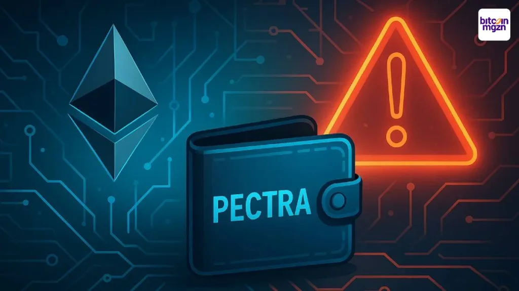 Visualisatie van een Ethereum-wallet met een waarschuwingssymbool na Pectra-upgrade