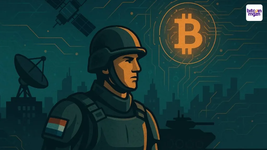 Nederlandse soldaat voor skyline met radar, tank en Bitcoin-symbool bij ruimtegebrek defensie.