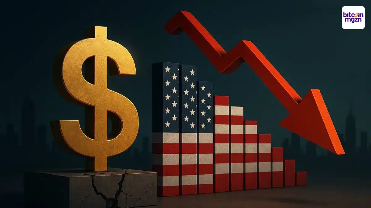 Dalende Amerikaanse dollar met grafiek en barstende sokkel onder Trumps beleid