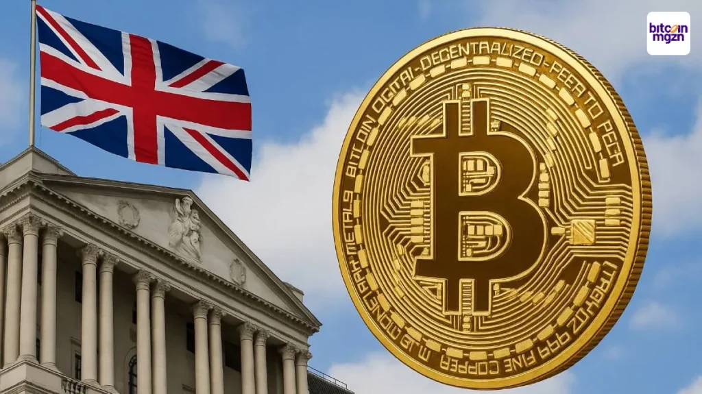 Grote gouden Bitcoin tegenover de Bank of England met Britse vlag, symbool voor mogelijke crypto-adoptie door centrale banken.