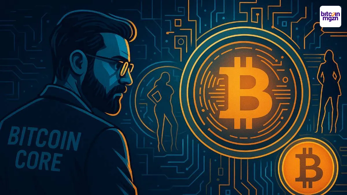 Bitcoin Core ontwikkelaars bekijken neon Bitcoin-symbolen in een futuristisch netwerkdebat over transactiebeleid en netwerkvisie