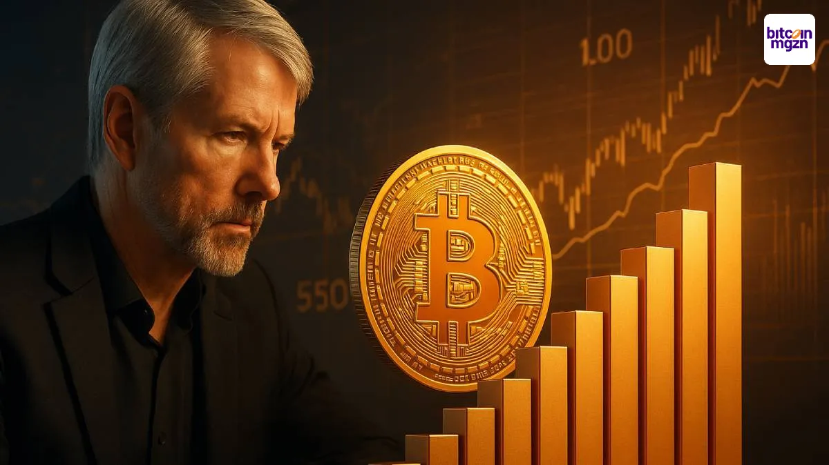ichael Saylor kijkt naar stijgende grafiek en Bitcoin als symbool voor strategische Bitcoin aankoop