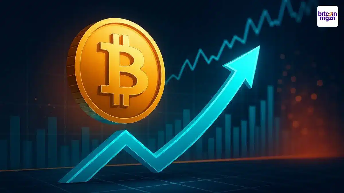 Bitcoin koers stijgt boven $101.000 na dip, met stijgende grafiek en gouden BTC symbool op blauwe marktfon
