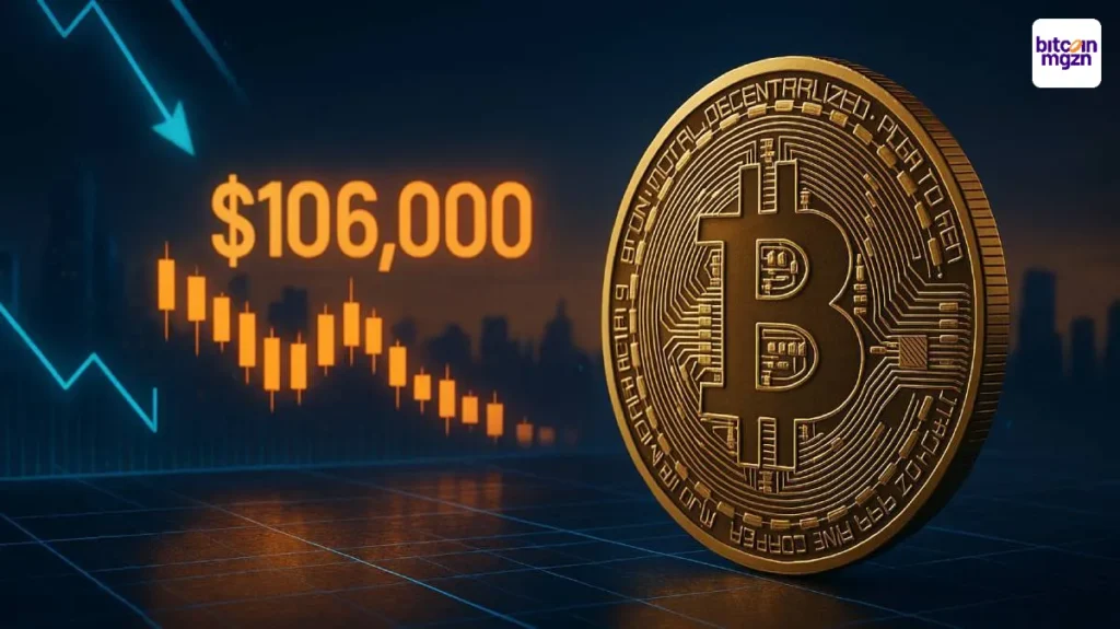 Bitcoin koers rond $106.000 met dalende prijsgrafiek en marktspanning zichtbaar in een futuristisch financieel decor