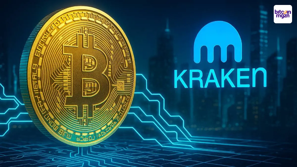 Bitcoin staking via Kraken met Babylon toont BTC en Kraken-logo verbonden via digitale lijnen