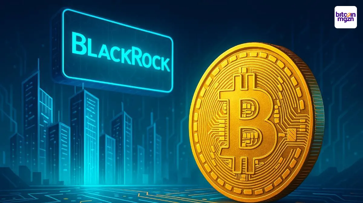 Futuristische weergave van BlackRock Bitcoin ETF die $70 miljard aan vermogen beheert, met Bitcoin-symbool op de voorgrond