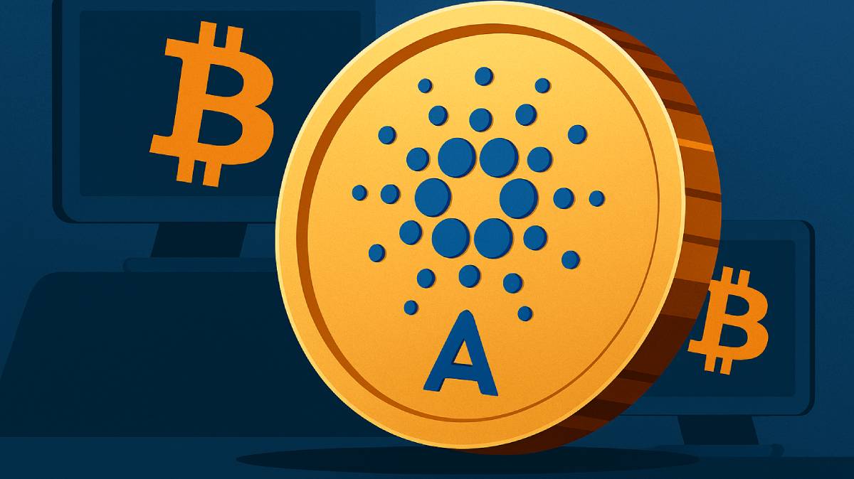 llustratie van een grote Cardano-munt met Bitcoin-symbolen op computerschermen op de achtergrond, verwijzend naar de rol van Cardano in Bitcoin DeFi.