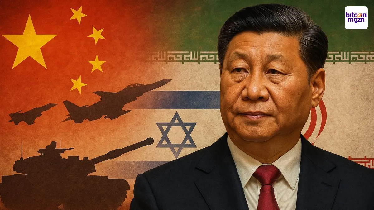 Xi Jinping afgebeeld voor vlaggen van China, Israël en Iran met militaire symboliek, verwijzend naar China’s passieve rol in het Israël-Iran conflict