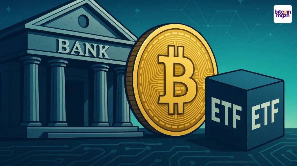 crypto-ETF onderpand met bitcoin en ETF symbool naast een traditionele bank als representatie van financiële integratie