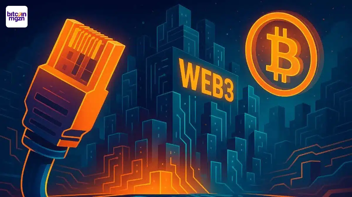 Ethernetkabel en Web3-stad verbeelden hoe digitale infrastructuur Web3 en crypto ondersteunt